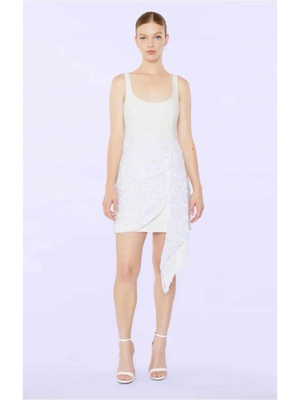 $298 Likely Venus Dress White Ivory Sequin Tassel Fringe Sash Mini Bodycon 4